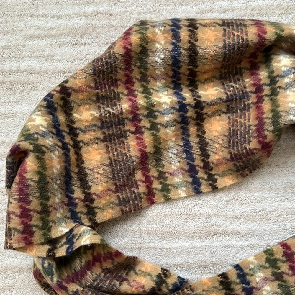Made in Scotland 100% Cashmere Scarf Classic Tan and Multi Plaid Fringe Ends